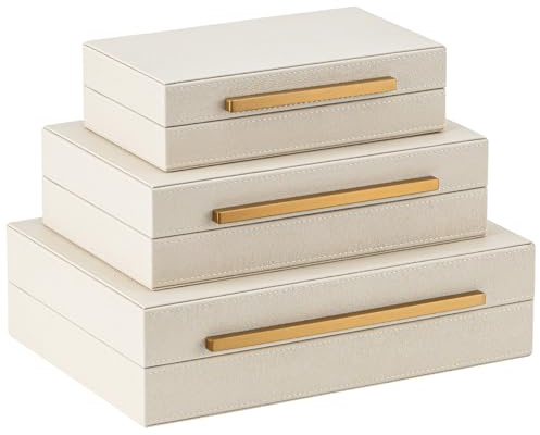 XIGEXIGE Faux Leather Large Modern Stackable Nesting Jewelry Box with Lids Organizer – Set of 3 Beige Shagreen Decorative Storage Boxes with Gold Metal Handles