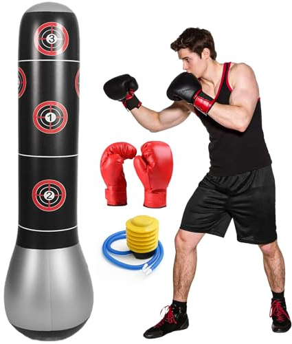 Sac de frappe pour enfants, sac de frappe gonflable avec gants de boxe et pompe à air, sac de frappe pour enfants debout, sac de frappe gonflable pour garçons et filles de 3 à 12 ans