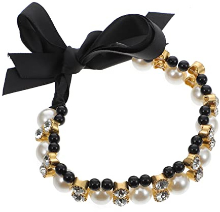 DECOMELODY Pet Collar Ribbon Pearl Bowknot Dog Necklace Black Medium Adjustable Decorative Pet Supplies for Puppies and Cats