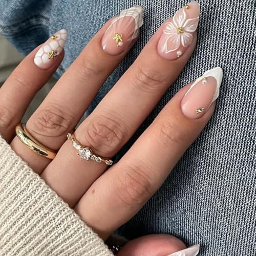 MouyouGlow Press on Nails Kurz,Almond Gradient Weiß French 3D Blumen Floral Seestern Striped Pearl Design Mandel Y2k Fake Nails mit Nagelkleber,Ombre White Flowers Sommer INS Künstliche Fingernägel