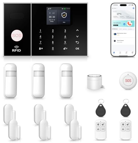 XNH GSM/WiFi Smart Home Sicherheitssysteme, Sicherheitsalarmanlage für Zuhause, drahtlose Alarmanlagen mit APP-Alarm, Türsensoren, PIR-Bewegungsmelder, Fernbedienungen, funktioniert mit Alexa