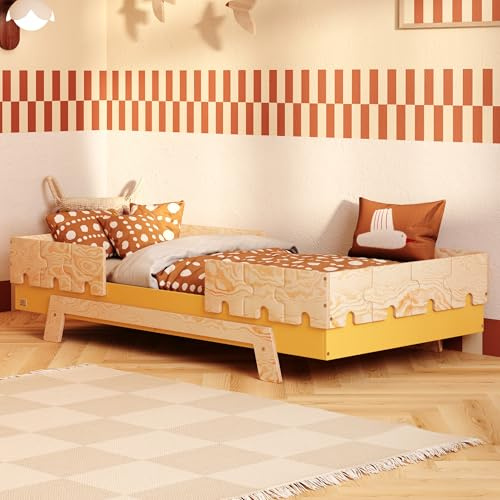 smartwood Kinderbett 70x160 6in1 - Montessori Bett aus Naturholz in Gelb mit Rausfallschutz & Lattenrost bis 230 kg - Kinderbett ab 2 Jahre für Kinder - FSC-Zertifiziert - Puzzle BR2