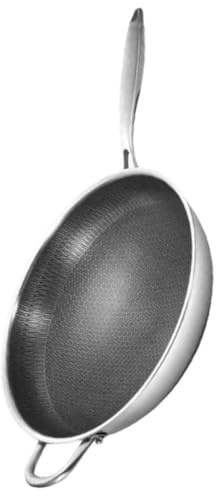 TOYANDONA Wok in Acciaio Inox con Doppia Maniglia e Fondo Nido d Ape Antiscivolo Padella Multifunzione per Cucina Gas e Induzione Resistente e Antiaderente