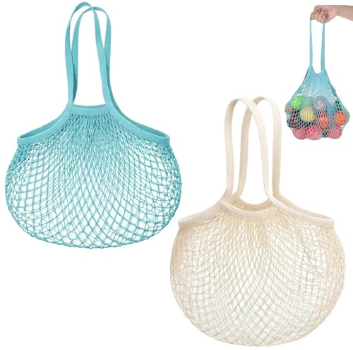 Thinp 2 Pcs Reusable Mesh Produce Bags, Cotton Mesh Grocery Bag with Long Handle Net String Shopping Tote Bag for Fruit Vegetable Storage