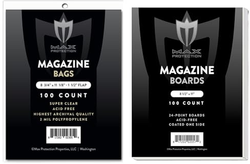 Max Protection Premium Magazine Bags and Backer Boards - Acid Free, Archival Safe Storage - 8.75 x 11 in - Crystal Clear, High Clarity for Magazines - Ideal for Comic and Magazine Collectors - 300ct