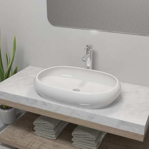 Mangloder Keramik Waschbecken oval weiß mit Armatur, Aufsatzwaschtisch für Bad, Gäste WC, Waschplatz, 630 x 420 x 120 mm, pflegeleichtes Becken für Badezimmer