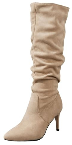 Generisch Botines para mujer con tacón de bloque estrechos pliegues hasta la rodilla, monocolor, longitud media, elegantes botas de pantorrilla media para un estilo diario elegante, caqui, 37 EU