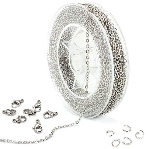 1.5mm Edelstahl Schmuck Kette mit Verschlüsse Ringe für Schmuckherstellung | Schmuck Ketten Messing Halskette Kabel Metallkette 50 Sprung Ringe 23 Karabinerverschlüsse Set Schmuckherstellung Zubehör