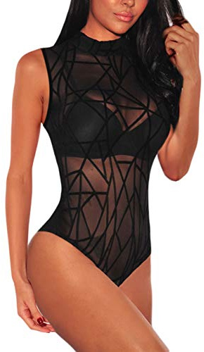 SEBOWEL Women Sexy Sheer Mesh Bodysuit See Through Sleeveless Leotard Tops Bodycon Blouse T Shirt Clubwear (L, Black)