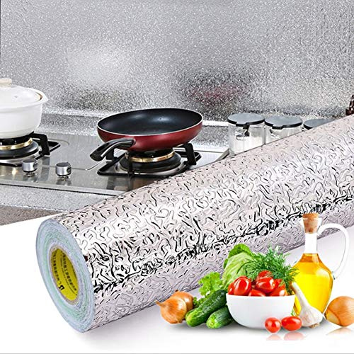Livelynine Papier Peint Aluminium Adhésif de 40CM*10M Revêtement Plan de Travail Adhésif Imperméable Résistant à l’Huile Amovible Crédence Adhésif pour Cuisine Armoire Comptoir Placard Évier