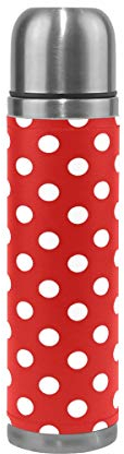 WowPrint Polka Punkt Muster Reisebecher Echtleder isolierte Travel Mug Edelstahl-Wasserflasche Auslaufsicher Doppelwandig Thermoskanne Vakuumflasche 500 ml