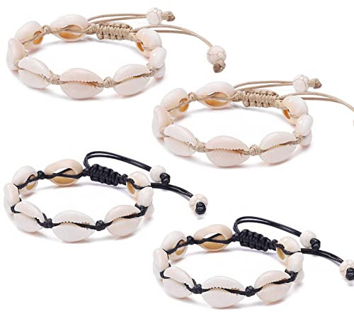 Verstellbare Muschel-Armbänder, Fußkettchen-Set, natürliche Kaurimuschelperlen, Puka-Muscheln, Knöchelschmuck für Männer und Frauen, 4 Stück, Muschel