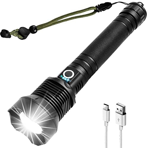 WholeFire Torcia LED 90000 Lumens Potente Ricaricabile USB, Professionale XHP70.2 Torcia Elettrica Super Luminoso, Zoomabile, IP65 Impermeabile, Alta Potenza, 3 Modalità con Batteria