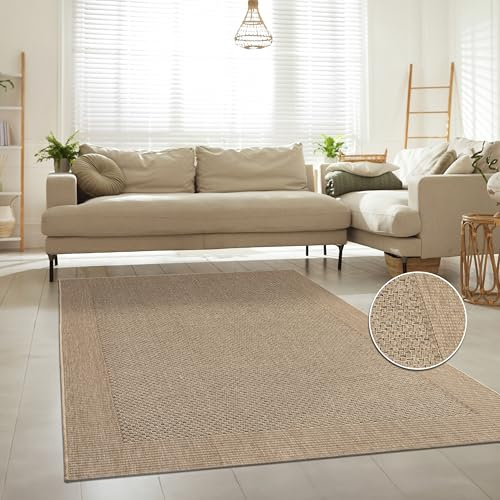 Paco Home Alfombra de Yute para Interior y Exterior - Natural y Negra, Resistente y Elegante, Ideal para Patio y Salón, tamaño:200x290 cm, Color:Beige
