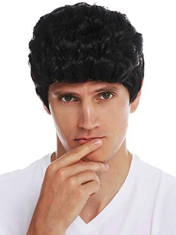 WIG ME UP- SARL084-P103 Peluca Carnaval Halloween Hombres Pelo Corto Ondulado tupé Patillas los 50 los 60 Negro