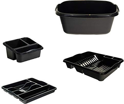 Galleries Wham Set of 4 Plastic Dish Drainer With Sink Tidy,Washing Up Bowl & Cutlery Tray - Mid-night Black (Darkish Grey)