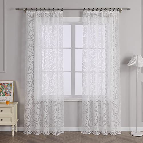 Delien Voile Ausbrenner Gardine mit Ranken Muster B140 x H175 cm, Weiß | 1 Stück,Mit Kräuselband,Transparenter Vorhang,Wohnzimmer Gardinenschals,Leicht,Luftig,Tür Fenster Dekoschals,Modern Stores