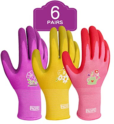 PACIFIC 6 Paar Gartenhandschuhe für Damen, Gartenhandschuhe mit rutschfeste Crinkle Latex Beschichtung, robuste Handschuhe Größe 8/M