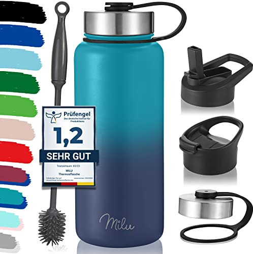 Milu Edelstahl Trinkflasche 500ml, 750ml, 1000ml (+3 Deckel) - Thermosflasche mit Strohhalm, Isolierte Wasserflasche, Auslaufsichere Isolierflasche doppelwandig, Kohlensäure geeignet (Grün Blau, 1Ll)