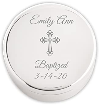 Cherished Moments Personalized Small Round Jewelry Keepsake Box that has Custom Engraved Cross and Message for Baby Baptism, Silver Toned