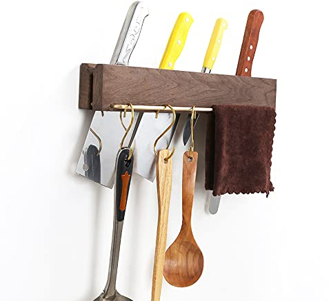 TentHome Messerhalter Wand Holz Messerleiste Messerschlitze Wandmontage Küchenreling Hängeleiste 40cm Hakenleiste Handtuchhalter 3 Haken für Utensilien Messer Werkzeuge