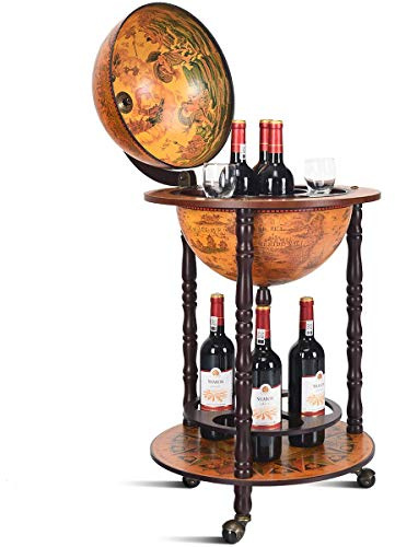RELAX4LIFE Carrello da Bar con Globo, Tavolo da Bar a 2 livelli in Legno di Eucalipto Naturale, Mobile da Bar in Stile Vintage con Ruote Girevoli per Vini e Liquori