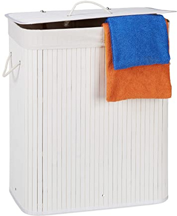 Relaxdays Wäschekorb Bambus mit Deckel, rechteckiger Wäschesammler, 2 Fächer, 95 l Volumen, faltbare Wäschebox, Farbwahl