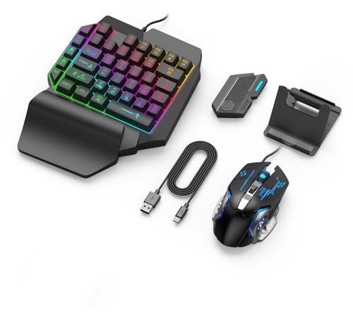 One Handed Gaming Keyboard and Mouse Combo, RGB Backlit 35 Keys Half Hand Gaming Keyboard and Mouse Set with Wrist Rest Support and Converter for PC
