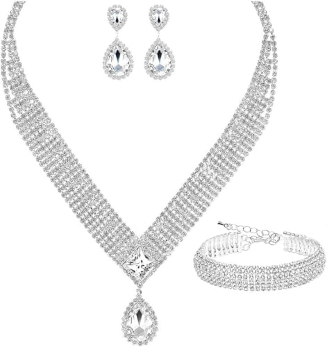 TOEECY brudsmycken set damer silver strass kristall smycken set bröllopssmycken brud hänge halsband droppar örhängen strass armband set, Legerat stål, Diamant