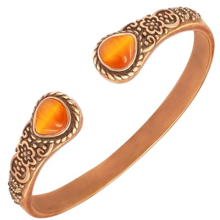 JEROOT Pulsera de cobre puro para mujer, pulsera magnética con 6 potentes imanes, flor vintage de cobre con 2 perlas de cornalina