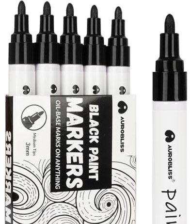 Lackmarker Schwarz 5pcs, Permanent Marker Schwarz Lackstift für Steine, Metall, Glas, Holz, Kunststoff, Leder Wasserfeste Marker 2-3mm Dicke Spitze