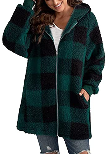 Damen Parka Übergang Winter Mantel Damen-Plüschmantel mit langen Ärmeln, kariertem Kapuzenreißverschluss und lockerem Mantel mit Tasche Winter Coat (GN1, XL)