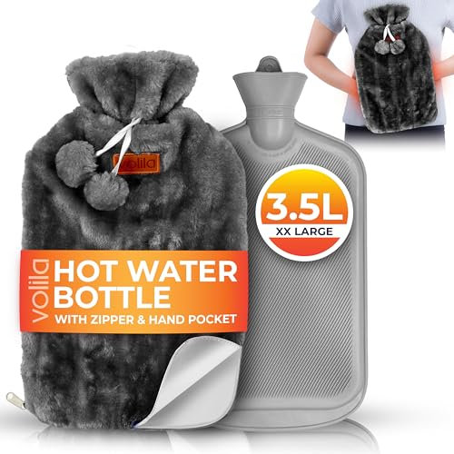 3.5L Hot Water Bottle with Zipper & Hand Pocket – Large Hot Water Bottle with Super-Soft Faux Fur Cover for Soothing Warmth and Elegant Comfort for Cold Nights and Pain Relief– Washable (Grey)