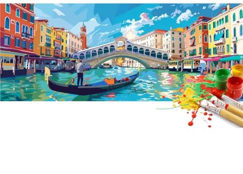 Malen Nach Zahlen Stadt Venedig Malen Nach Zahlen Erwachsene, DIY Set Ölgemälde Malen Nach Zahlen XXL, Acrylfarben Painting by Numbers Bastelset, Geschenk Wanddekoration, 40x120cm (Ohne Rahmen)-YH240