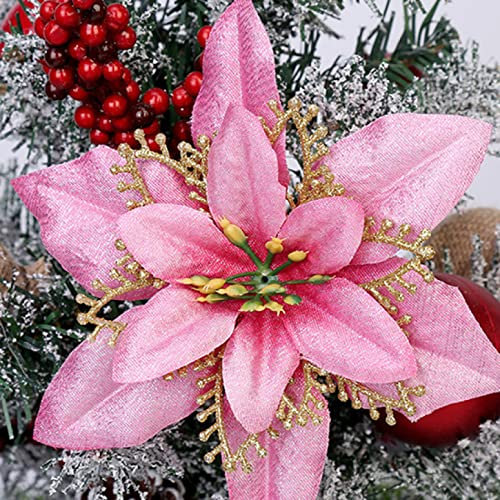 dvnFWKc Decorate Artificial Flowers, 2 stücke Weihnachtsstern Hohl Glitter Blume Weihnachten Baum Ornament Dekorative Blume for Home Party(Pink)