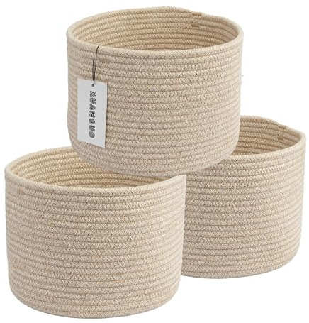 XUANGUO Woven Cotton Storage Baskets - 3-Pack Round Bins (10x10x7'') for Shelves, Closets & Bookcases | Durable Rope Organizers for Nursery, Baby, Toys, Easter & More (Oatmeal)