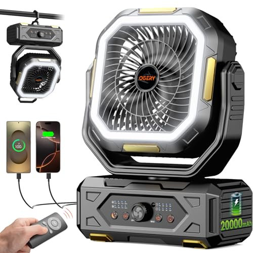 OGERY 2025 Upgraded Camping Fan, Portable Rechargeable Fan with 20000mAh Battery, Strong Wind, Stepless Speed Control, Fast Charging, Ideal for Tent, Travel, Car, Outdoor Camping Essentials