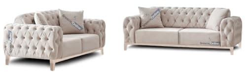 Snooze Velvet Chesterfield Sofas for Living Room - Cream | 3 Seater Sofas | Button Tufted Sofas and Couches | Sofa Set with Matching Legs & Cushions (Cream, 3+2 Seater)