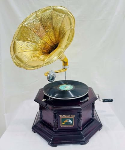 Gramophone vintage réplique de gramophone à l'aspect ancien, base en bois avec sculptures florales, haut-parleur en corne dorée (2 niveaux avec 8 piliers gris foncé)