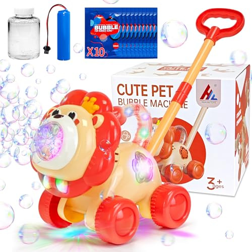 Goenb Automatisk tvålbubbelmaskin, uppladdningsbar Bubble Maker giraff lejon gräsmatta mover bubbla tvålbubblor gräsklippare med LED-ljus för barn bröllop