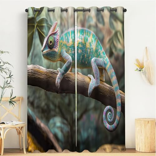 CDXNORA Verdunklungsvorhänge - Tropische Tiere Fenster Vorhänge Blickdicht H245 X B140 cm (2Er Pack) Thermovorhang Mit Ösen Gardinen Chamäleon Blackout Curtains for Bedroom