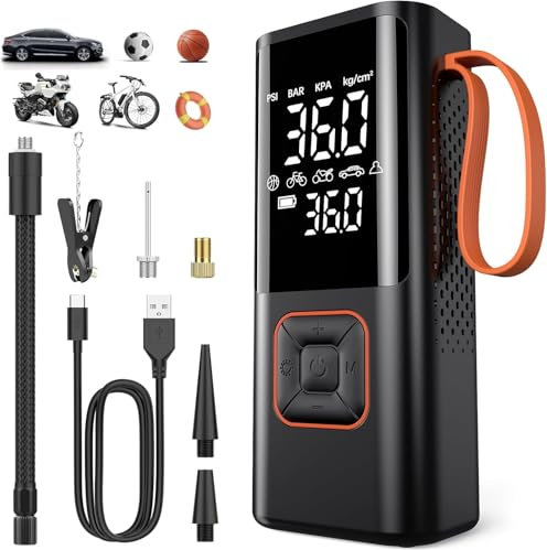 Tyre Inflator Portable Air Compressor,5 Mode Cordless Tyre Inflator 150PSI 6000mAh Rechargeable Power Bank Auto Shut-Off Digital Display Electric Air Pump w LED Light for Car, Motorcycle, Bike, Ball