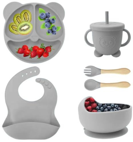 Eliano Set med 6 silikonservis för barn – BPA-fri – halkfri tallrik och skål, haklapp, inlärningsmugg med sugrör och bestick – barnledd avvänjningsset