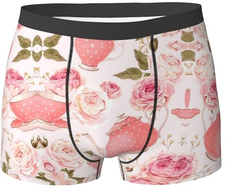 SDFCUMDM Gobelets à thé avec roses - Imprimé shabby romantique - Boxer pour homme - 95 % polyester + 5 % élasthanne - Respirant et léger, Noir , S