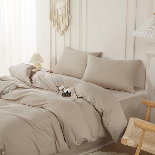 SAPHREAS Beige Duvet Cover Set 100% Cotton Double Size 3Pcs 8 Corner Ties Simple style Plain Bedding Soft Comforter Cover Set 1 Duvet Cover with Zipper 2 Pillow Shams, Comforter Not Included