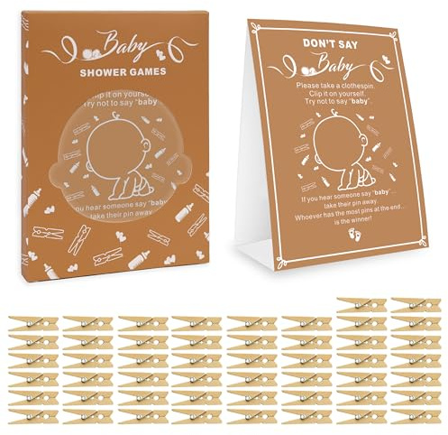 Amzsudy Don't Say It Game, Gender Neutral Shower Games Supplies for Boys Girls, No Prep Needed Party Games for Parents-to-be, 50 Mini Clothespins & Rule Sign Card, Brown