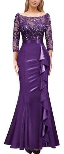 MIUSOL Women's Elegant 3/4 Sleeve Lace Sequin Ruffle Fishtail Wedding Banquet Party Maxi Dress
