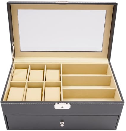 awolsrgiop Uhrenbox mit Glasdeckel für 6 Uhren & 9 Brillen, Zweistöckige Aufbewahrungsbox mit Sicherheitsschloss, Samtauskleidung und Schublade, Retro Design Grau