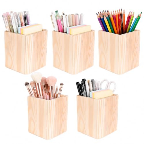 COHEALI Lot de 5 Pots à Crayons en Bois Brut 8X8X10 CM | Organiseur de Bureau Polyvalent, Pour Stylos Pinceaux de Maquillage et Fournitures, Support de Rangement, DIY Personnalisable