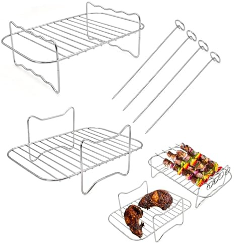 JZK 2x Rejilla para Ninja Foodi doble zona freidora de aire AF300UK AF400UK AF300EU AF400EU, parrilla para Air Fryer cajón doble, accesorios para freidora de aire, con 4 brochetas acero inoxidable